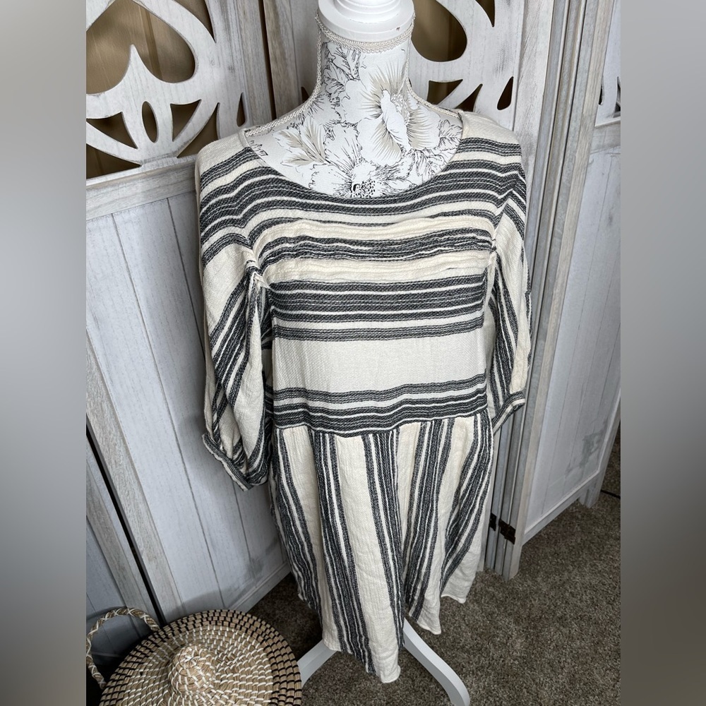 Free People Womens Cream Black Striped Long Sleeve Babydoll Mini Dress Sz Small